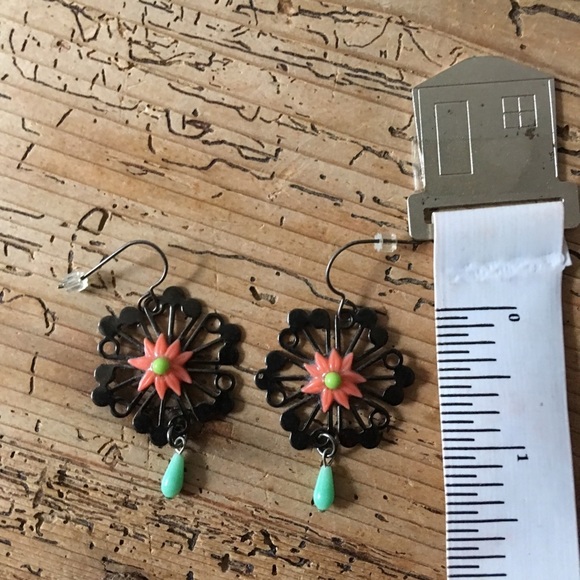 NEW Floral Flower Drop Earrings Turquoise Coral Lime - Picture 3 of 3